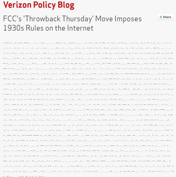 Verizon用摩尔斯电码报文“祝贺”FCC通过“网络中立”投票