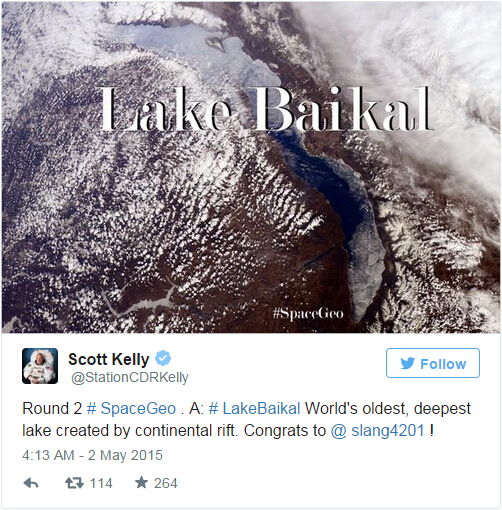 宇航员Scott Kelly在Twitter上公布“每周地理测验”的答案
