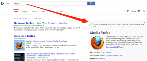 在Bing搜索Chrome或Firefox时会被推荐Edge浏览器