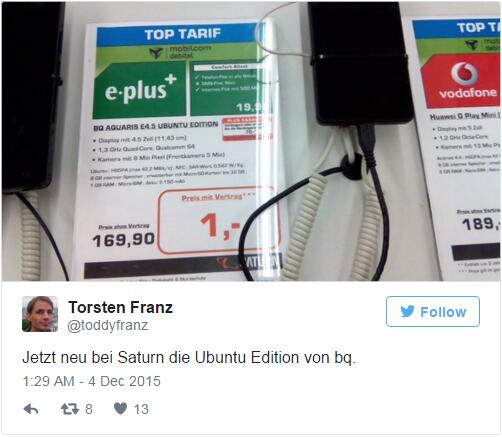德国一商店正以1欧元的价格兜售Ubuntu Phone合约机