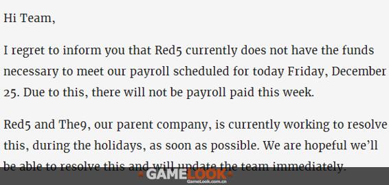 开发商Red 5欠薪 此前已经多次裁员