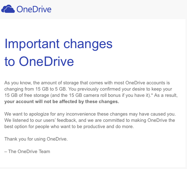 微软宣布7月13日开始 OneDrive免费服务将从15GB降至5GB