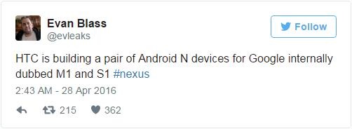 传HTC正在为Google打造两款基于Android N的Nexus设备