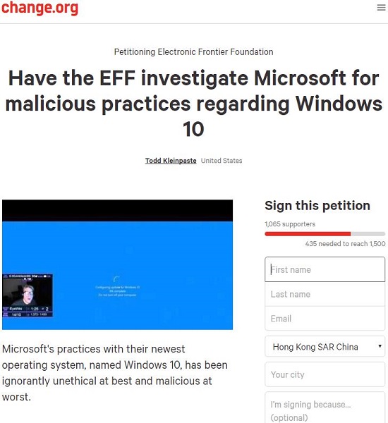 网民在Change.org上请愿调查微软“恶意升级”Windows 10之举