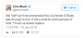 马斯克曝Model S隐藏功能：遇积水秒变“轮船”
